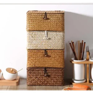 Multicolor straw woven basket with lid, Square storage box, Utility basket, Jewelry box