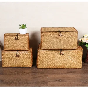 Set of 4 Straw woven basket with lid
