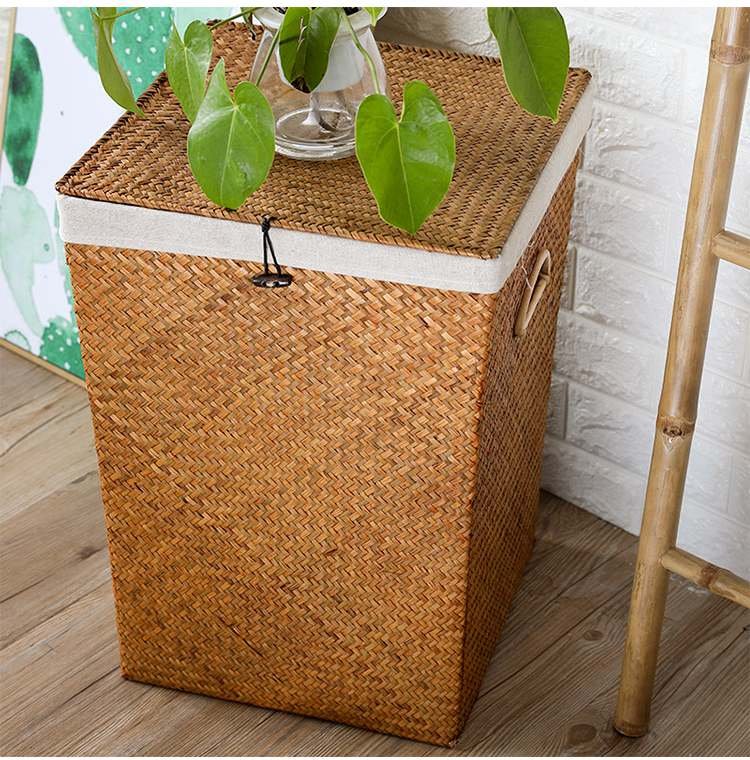 Handwoven seagrass laundry baskets with lids and handles