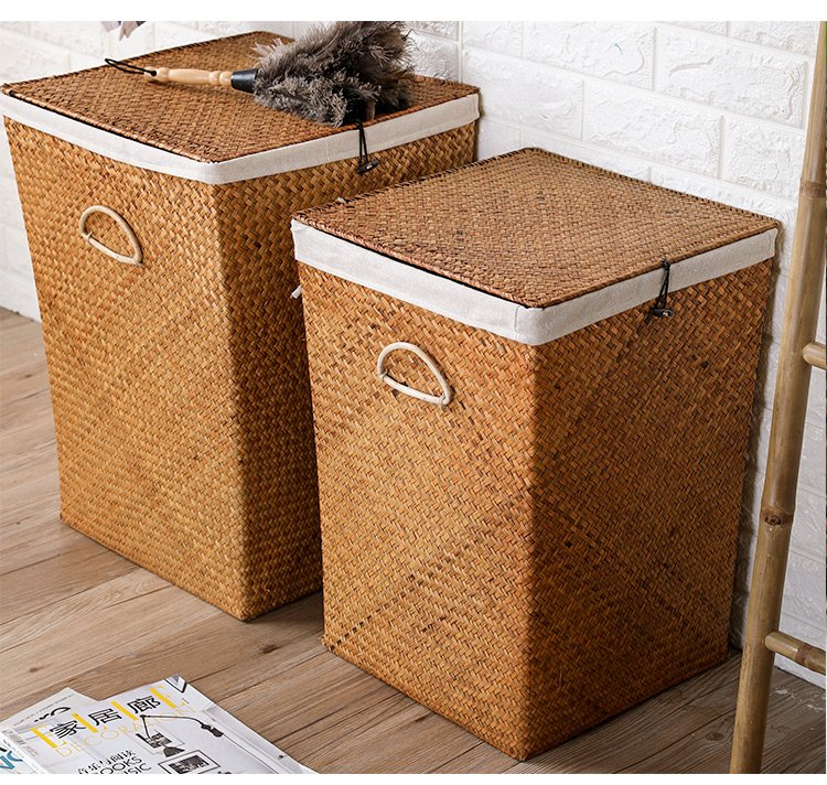 Handwoven seagrass laundry baskets with lids and handles