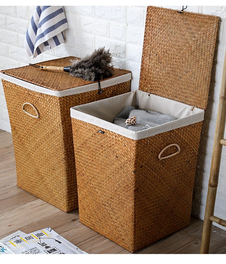 Handwoven seagrass laundry baskets with lids and handles