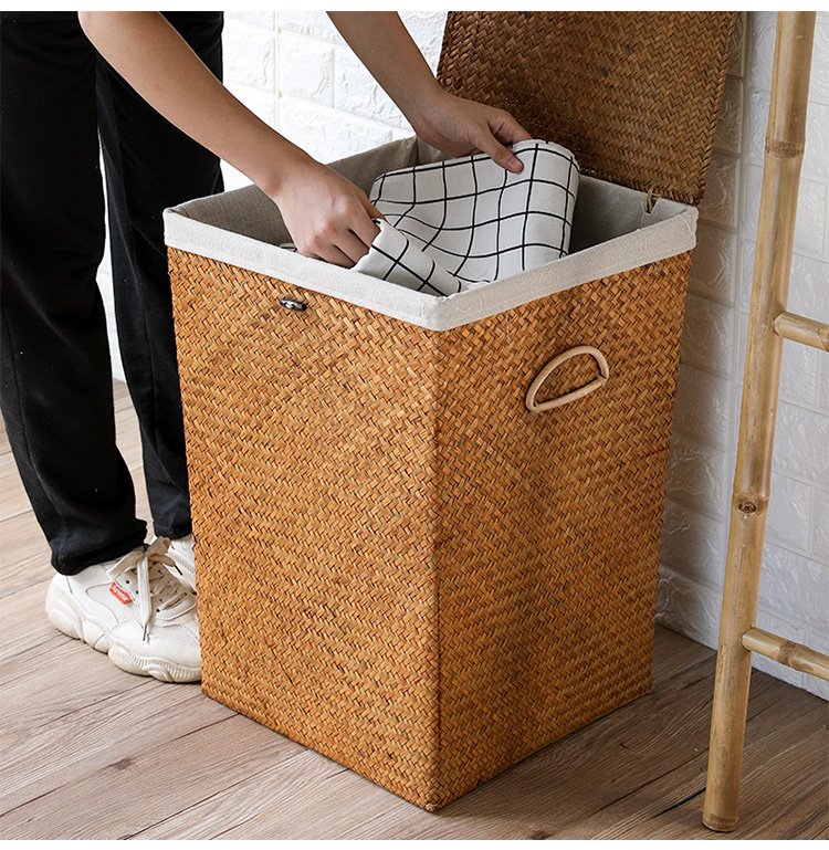 Handwoven seagrass laundry baskets with lids and handles