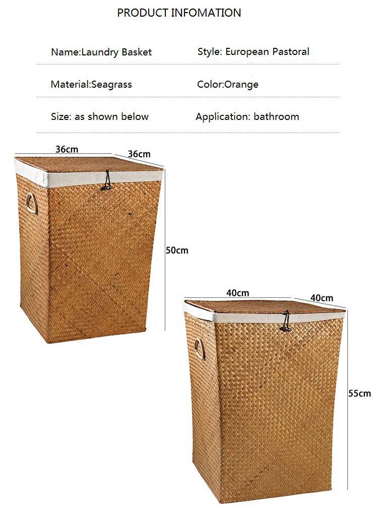 Handwoven seagrass laundry baskets with lids and handles