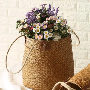 Natural woven seagrass flower planter with handles