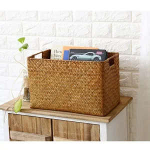 Natural woven seagrass storage basket with handles