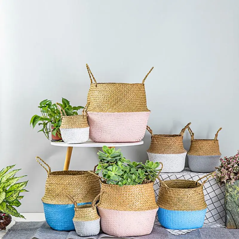 Colorful belly seagrass basket with woven texture and handles