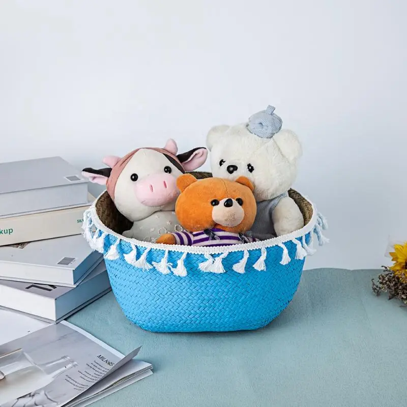 Colorful belly seagrass basket with woven texture and handles