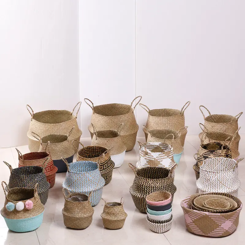 Colorful belly seagrass basket with woven texture and handles