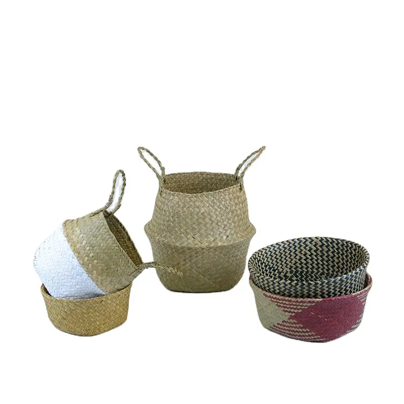 Colorful belly seagrass basket with woven texture and handles