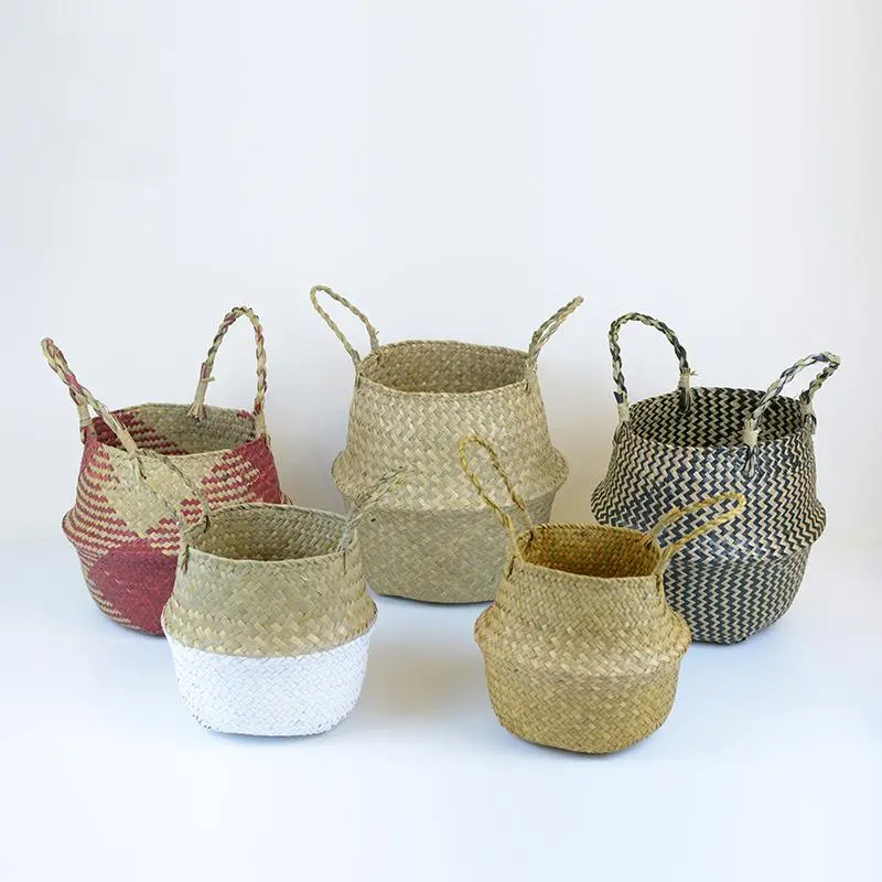 Colorful belly seagrass basket with woven texture and handles