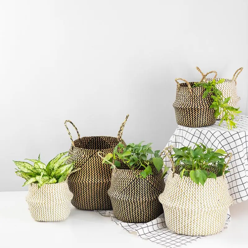 Colorful belly seagrass basket with woven texture and handles