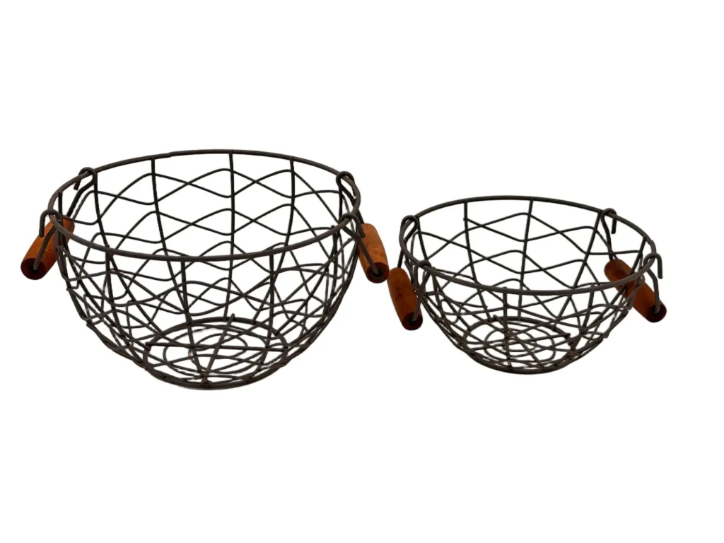 Round wire storage baskets with wooden handles for home organization
