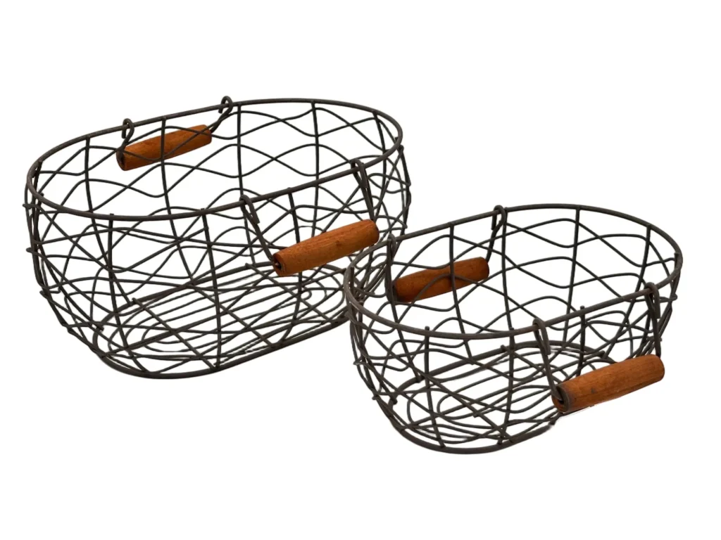 Round wire storage baskets with wooden handles for home organization