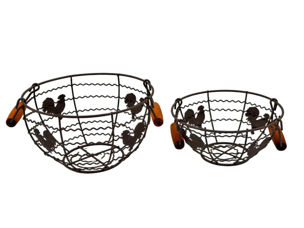 Round wire storage baskets with wooden handles for home organization