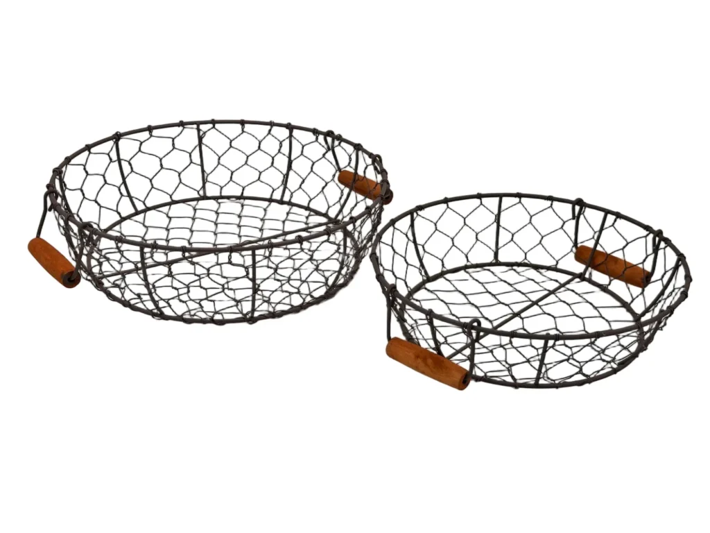 Round wire storage baskets with wooden handles for home organization