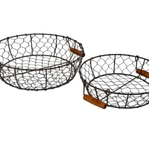 Round wire storage baskets with wooden handles for home organization
