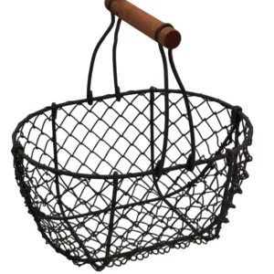 Round wire storage basket with wooden handle for home organization