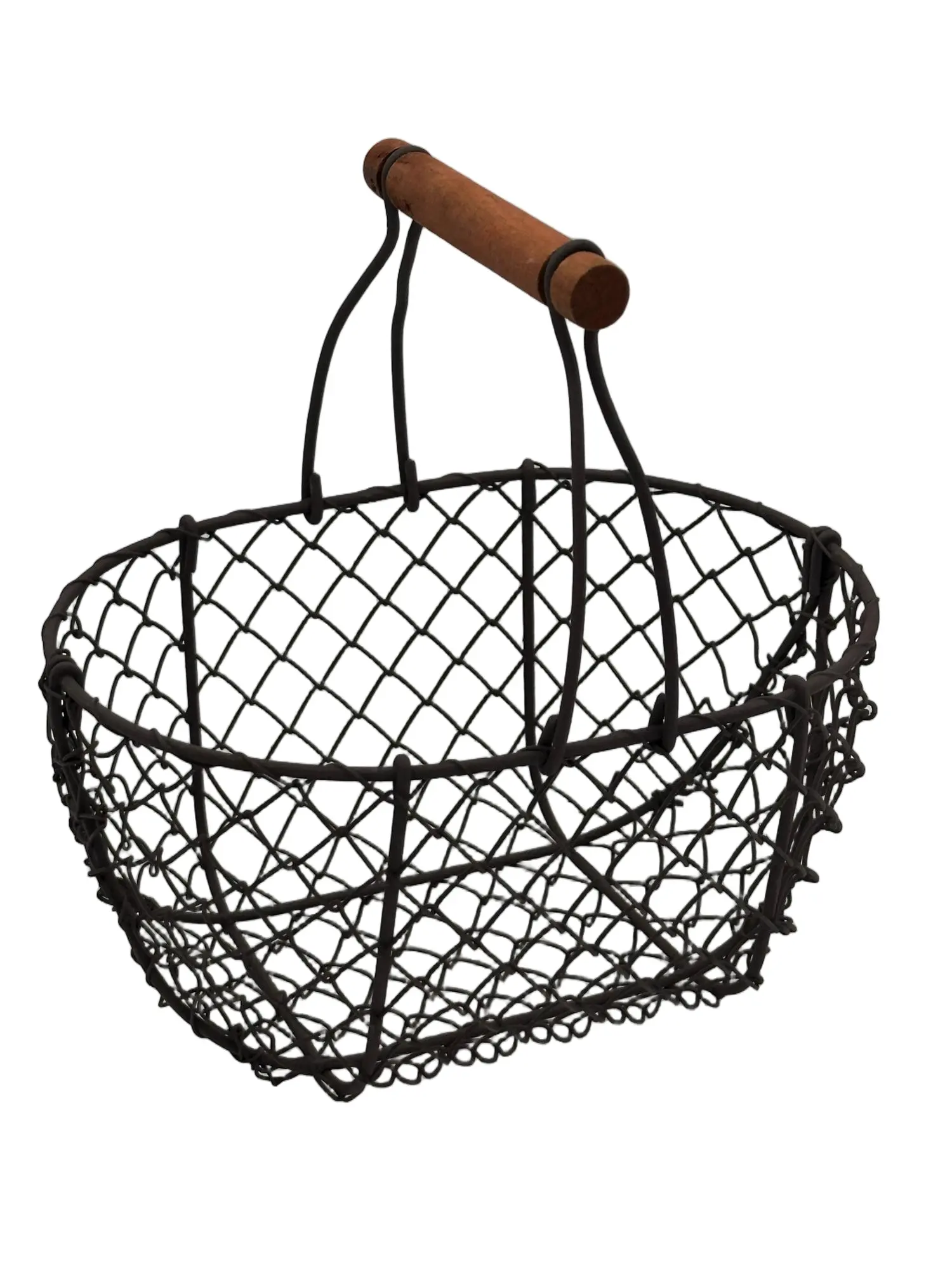 Round wire storage basket with wooden handle for home organization