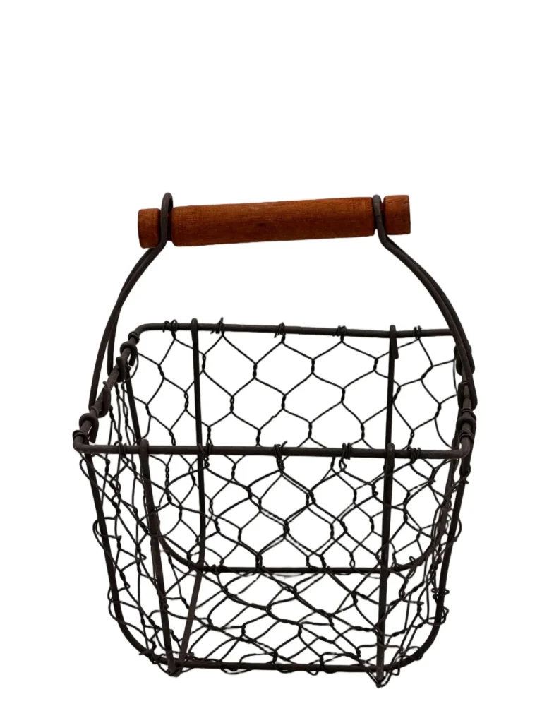 Round wire storage basket with wooden handle for home organization