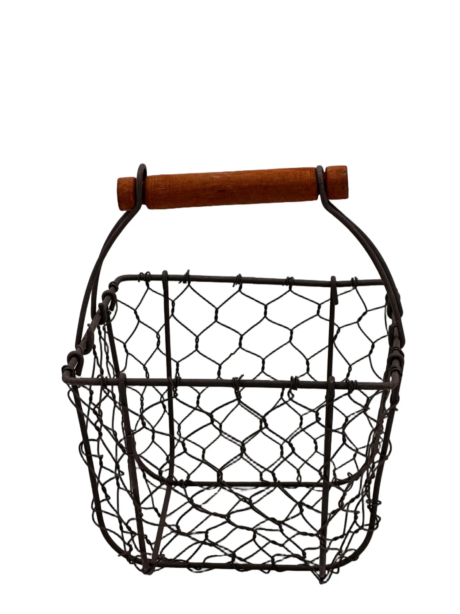 Round wire storage basket with wooden handle for home organization