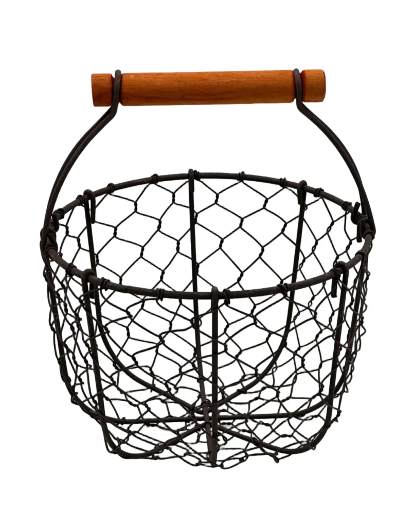 Round wire storage basket with wooden handle for home organization