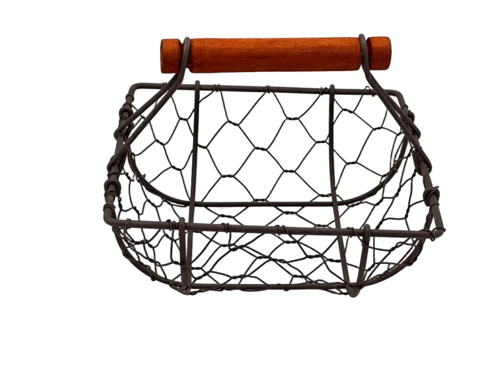 Round wire storage basket with wooden handle for home organization