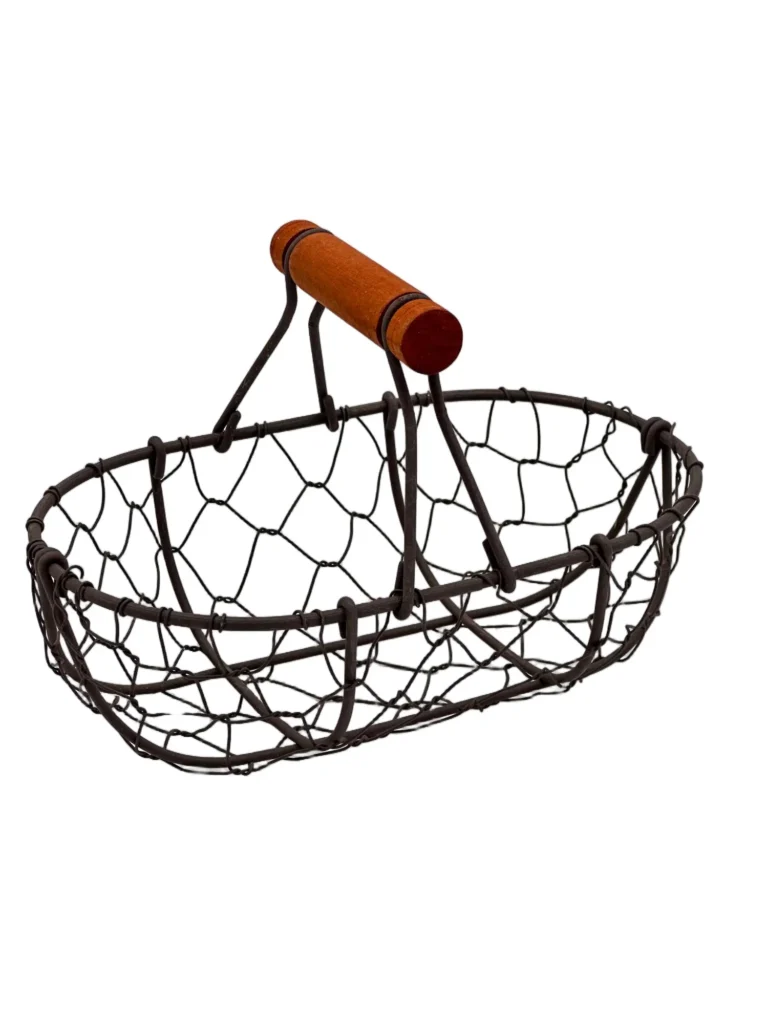 Round wire storage basket with wooden handle for home organization