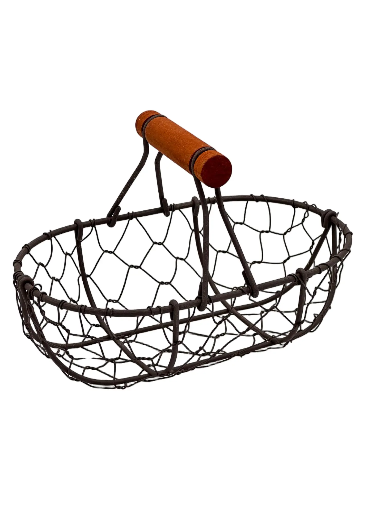 Round wire storage basket with wooden handle for home organization