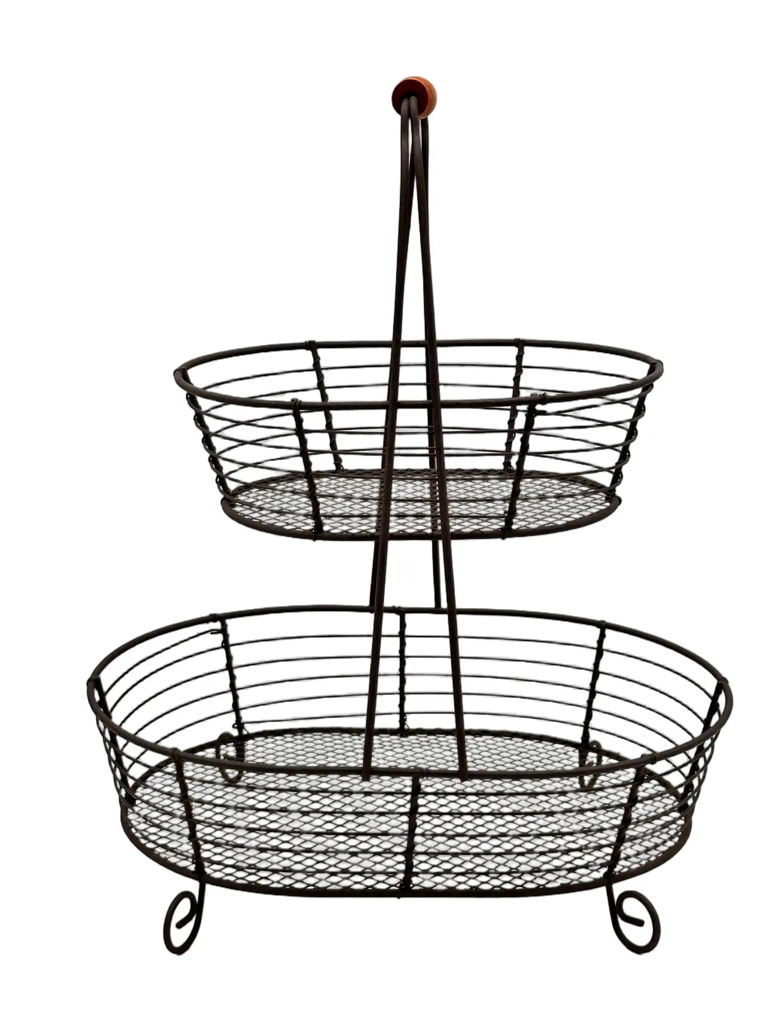 Two-tier wire fruit basket with two open metal storage baskets