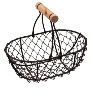 Round wire storage basket with wooden handle for home organization