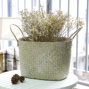 Set of natural woven seagrass storage baskets with handles